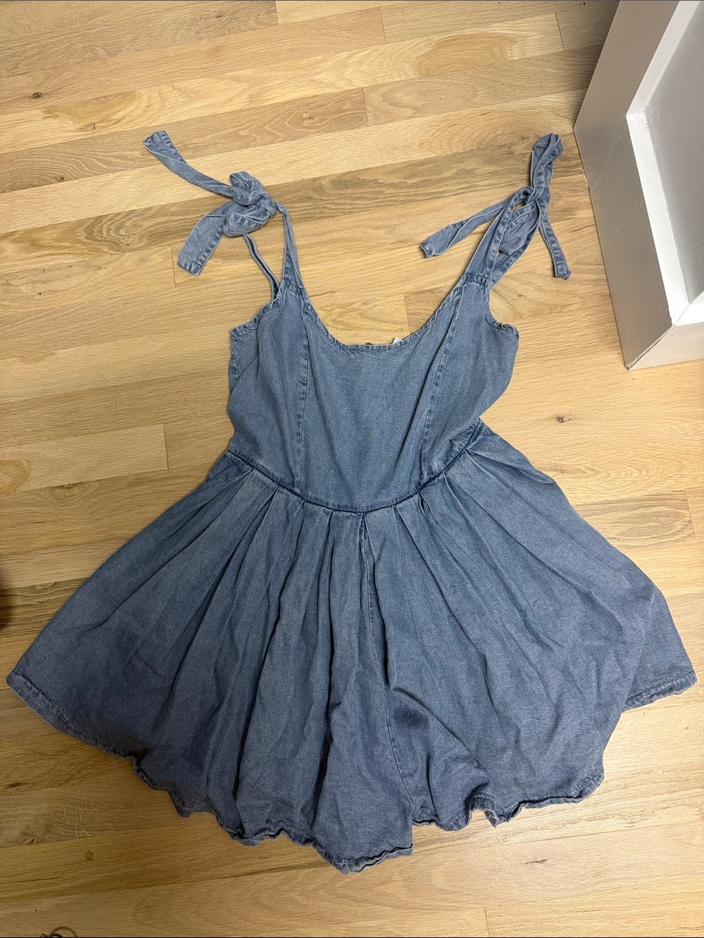 Vici Denim Tie-Shoulder Romper Skirt in Light Blue